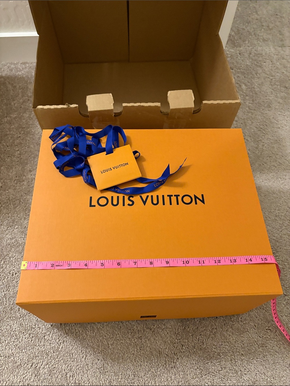 Large Louis Vuitton Box, Ribbon, Tag, Tissue Paper 16 x 7.5 x 13